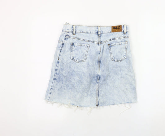 H&O Women's Blue Denim Mini Skirt, Size S, Fringed Casual