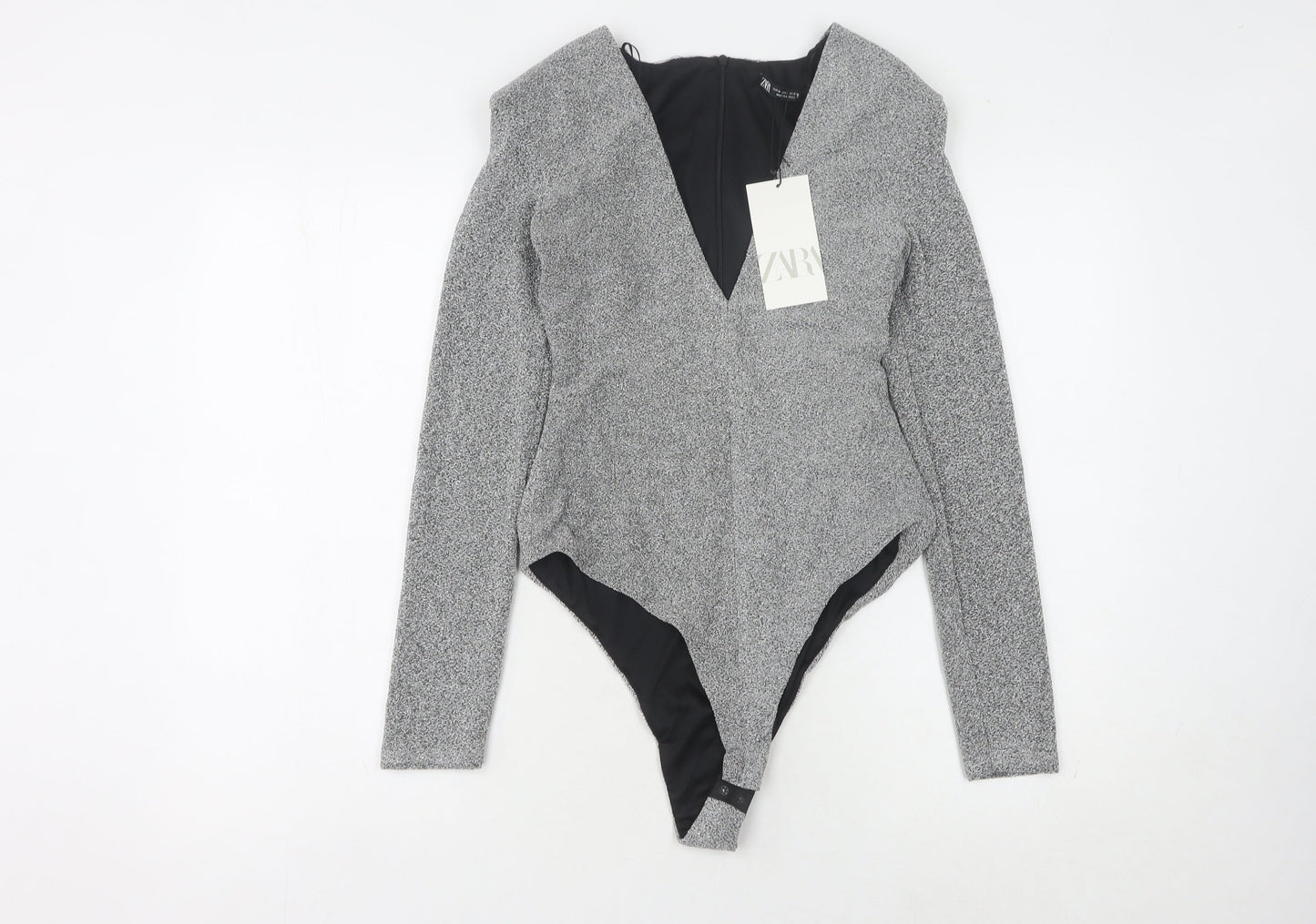 Zara Women Grey Bodysuit M Long Sleeve V-Neck