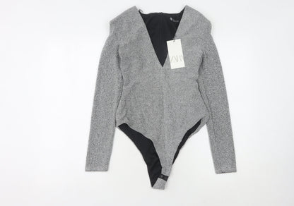 Zara Women Grey Bodysuit M Long Sleeve V-Neck