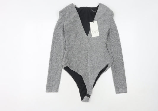 Zara Women Grey Bodysuit M Long Sleeve V-Neck
