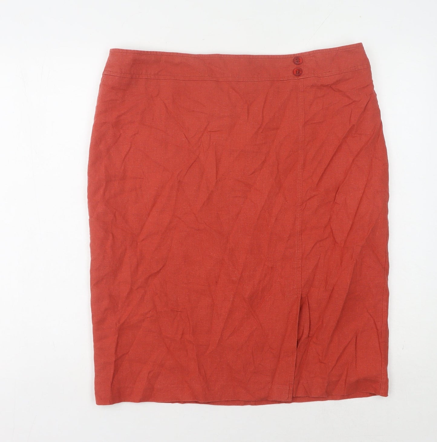 BHS Women's Red Linen Pencil Skirt Size 16 with Button Accent