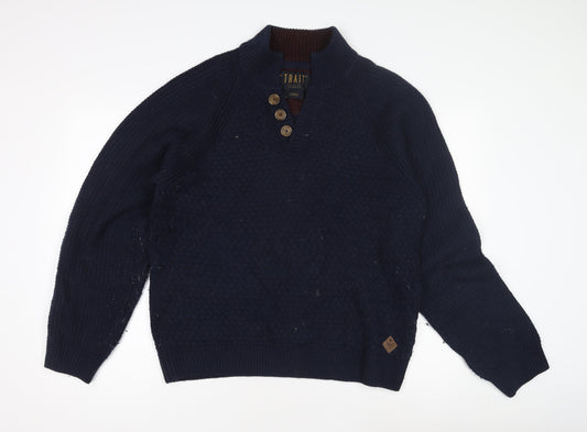Trait Men's Blue Henley Jumper, Size Large