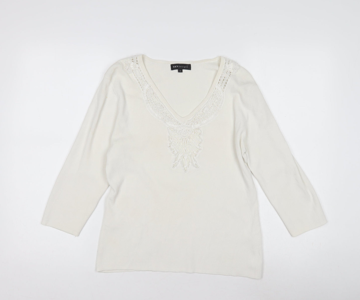 SKYdesigns Women's Ivory V-Neck Crochet Jumper