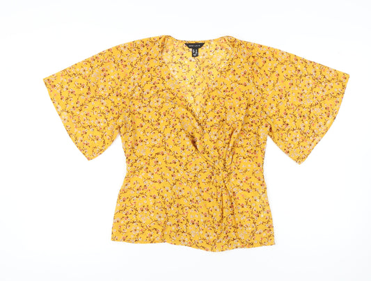 New Look Women's Yellow Floral Wrap Blouse Size 12
