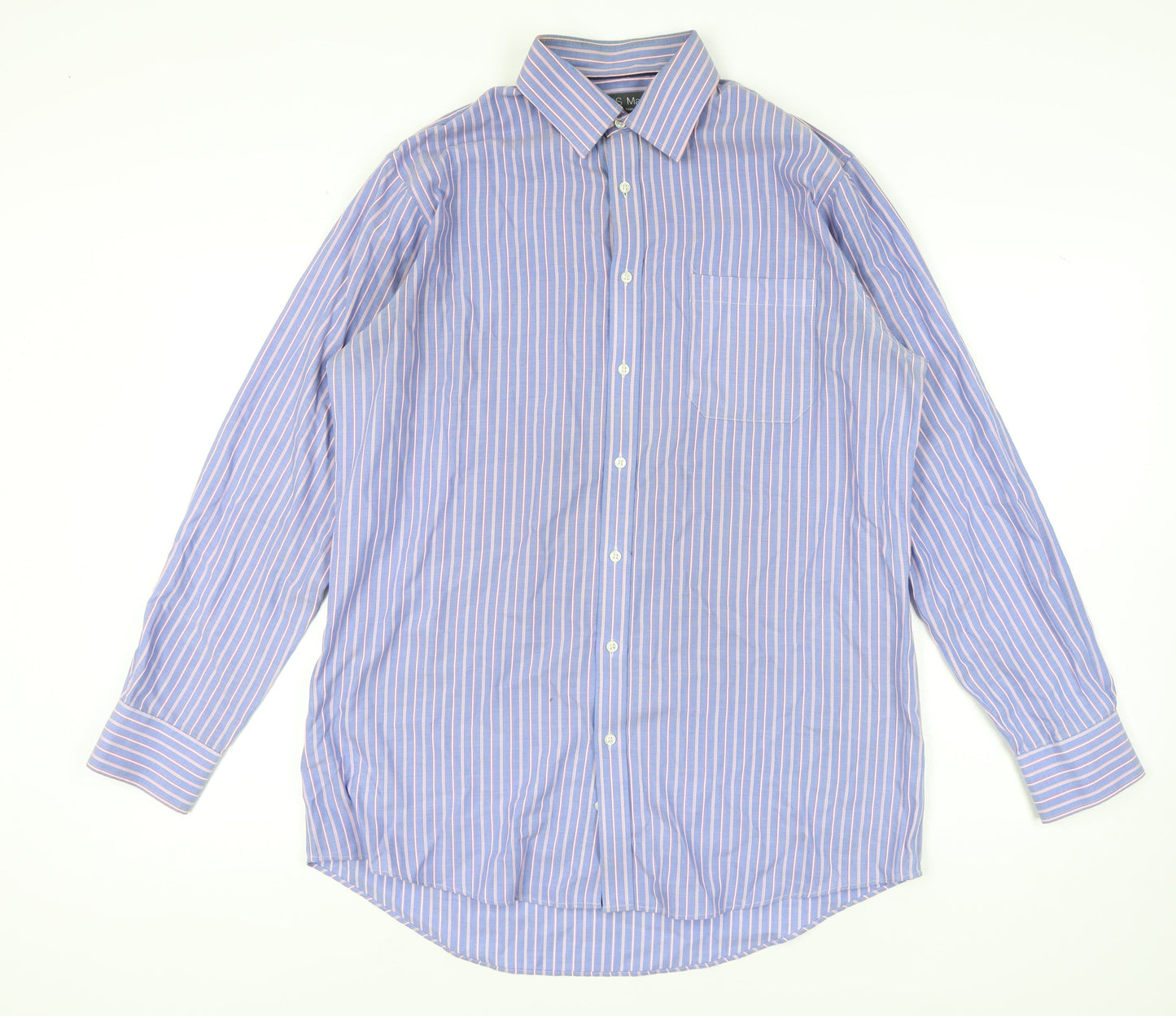 Marks and Spencer Men's Blue Striped Shirt 16.5in Classic Fit