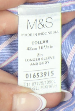Marks and Spencer Men's Blue Striped Shirt 16.5in Classic Fit