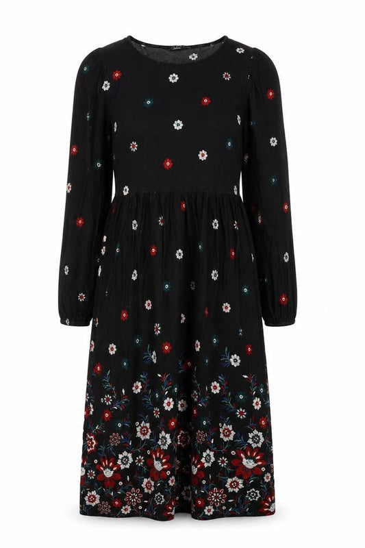 Front view of Katrina Kaneva Black Floral Fit & Flare Dress, size 10