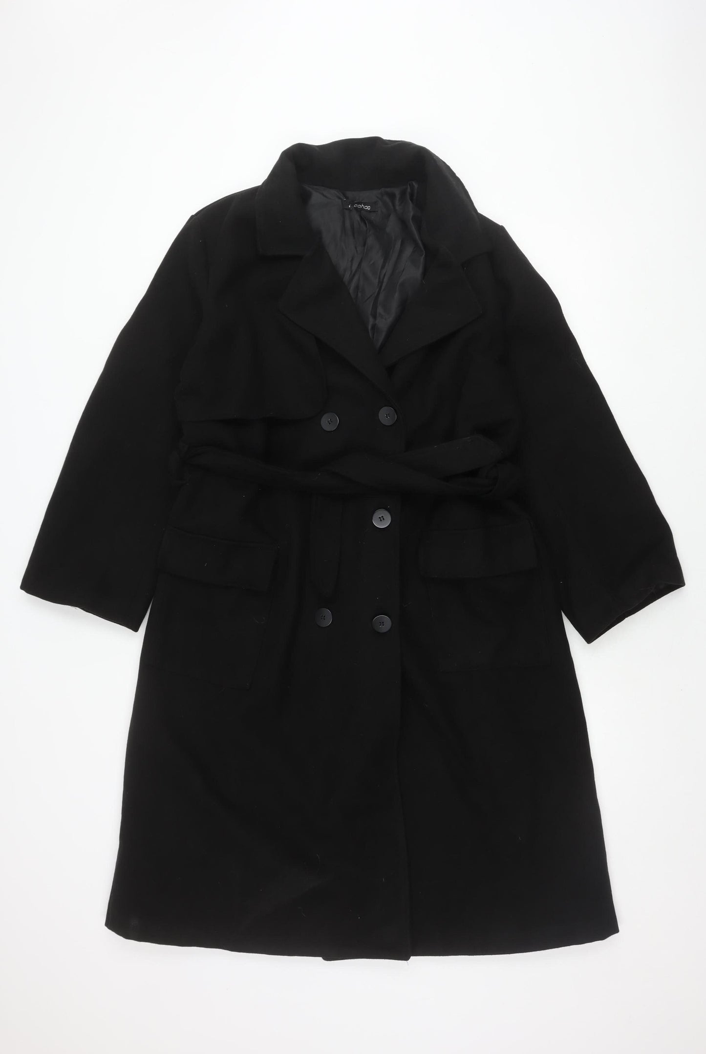 Boohoo Women's Black Overcoat Size 14 Belted
