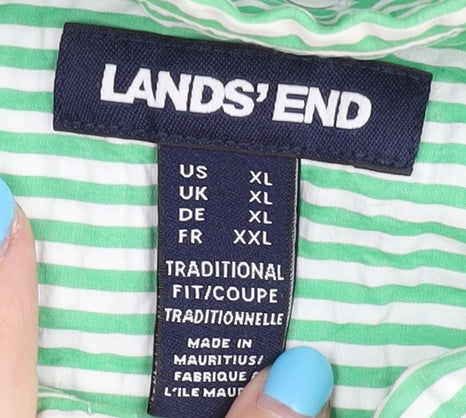 Lands' End Men's Green Striped Casual Shirt - XL