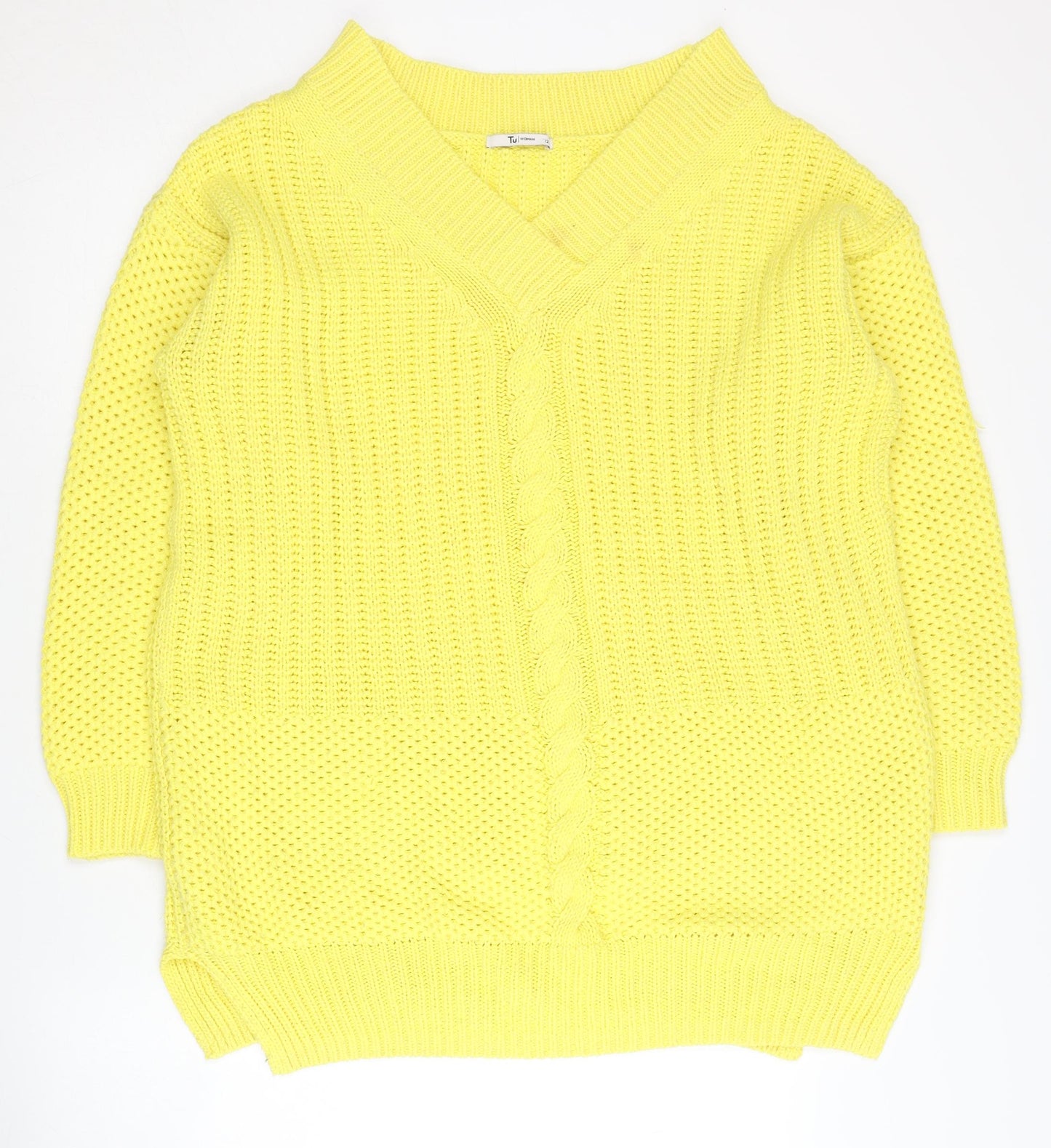 TU Women's Yellow V-Neck Cable Knit Jumper Size 12