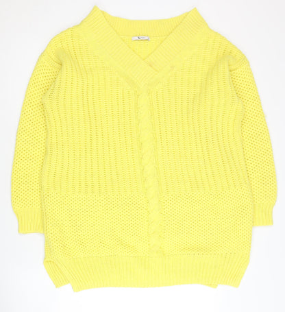 TU Women's Yellow V-Neck Cable Knit Jumper Size 12