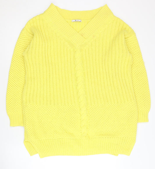 TU Women's Yellow V-Neck Cable Knit Jumper Size 12