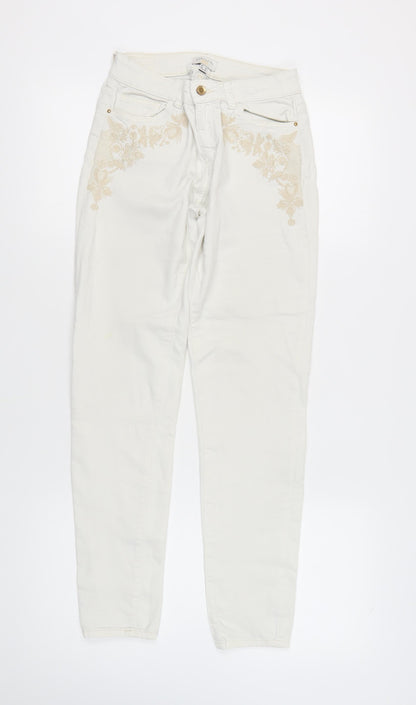 Cortefiel Women's Ivory Skinny Jeans, Size 2XS, Embroidered