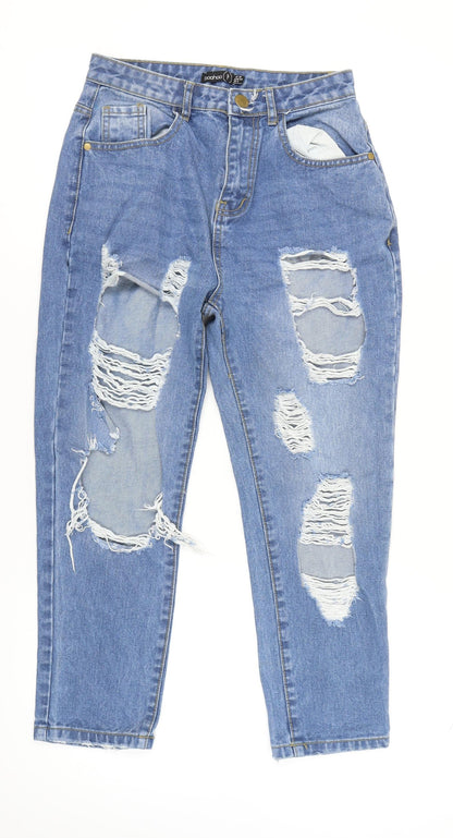 Boohoo Women's Blue Distressed Boyfriend Jeans Size 10