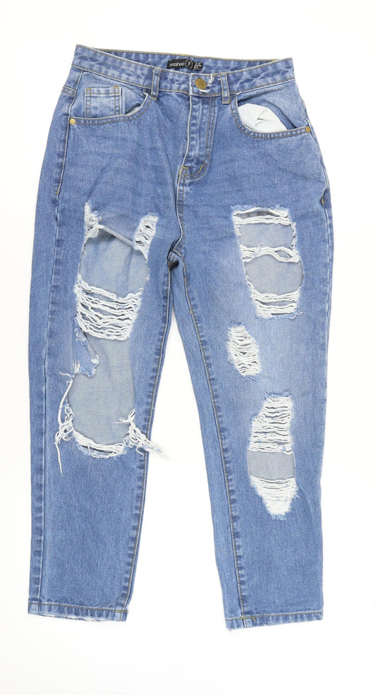 Boohoo Women's Blue Distressed Boyfriend Jeans Size 10