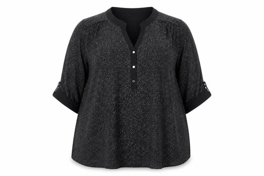 Front view of Roman Women's Black Blouse, size 20, 3/4 Sleeve, Button Accent
