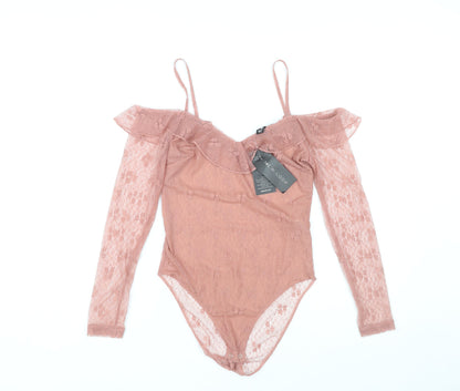 New Look Women's Pink Lace Bodysuit - Size 10