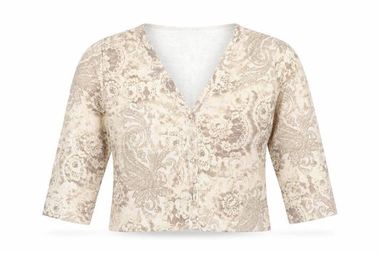 Front view of Amaranto Women's Beige Paisley Cardigan, size 14