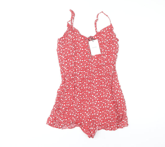 Bershka Women's Red Floral Playsuit, Size 12