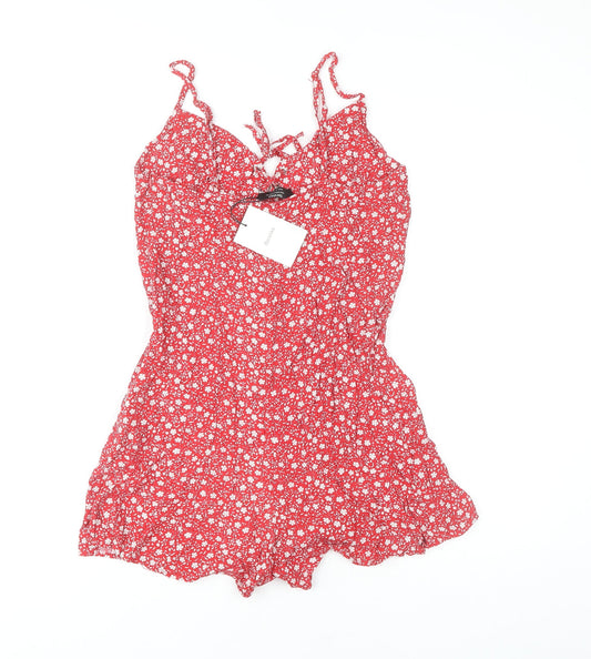 Bershka Women's Red Floral Playsuit, Size 12