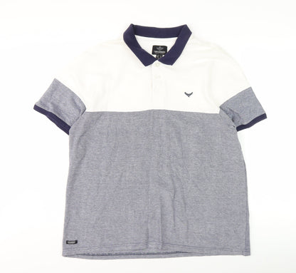 Threadbare Men's White/Blue Colourblock Polo Size 2XL