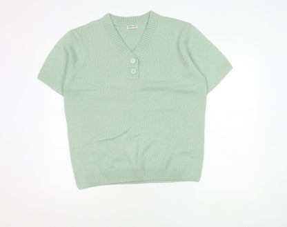 Damart Women's Green V-Neck Button-Up Knit Top