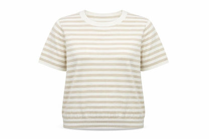 Front view of H&M Women's Beige Striped Short Sleeve Top, size 14