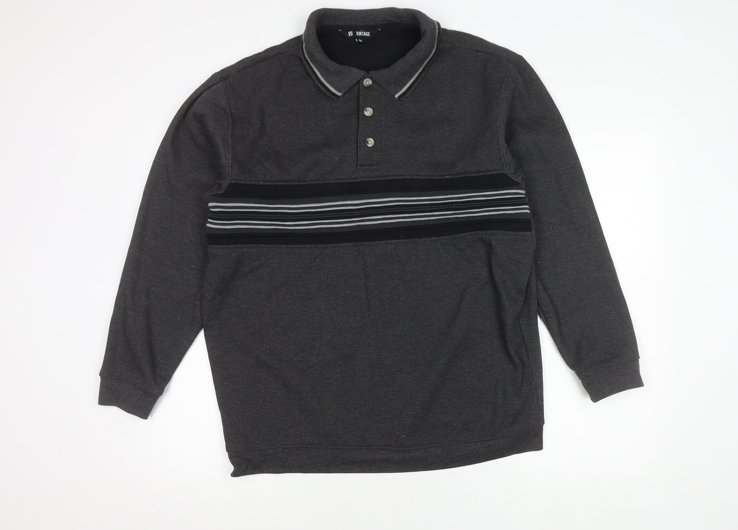 Vintage Men's Grey Striped Polo Shirt, L