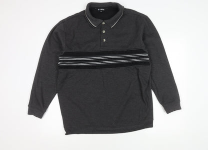 Vintage Men's Grey Striped Polo Shirt, L