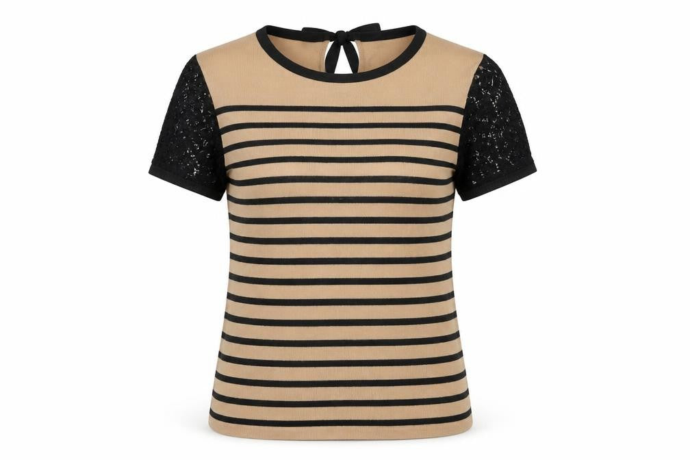 Front view of Marks & Spencer Women's Striped T-Shirt Black Beige 14