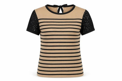 Front view of Marks & Spencer Women's Striped T-Shirt Black Beige 14