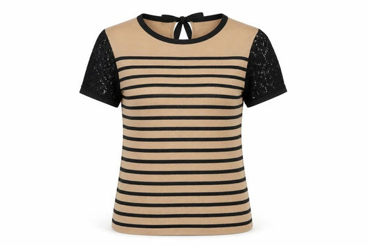 Front view of Marks & Spencer Women's Striped T-Shirt Black Beige 14