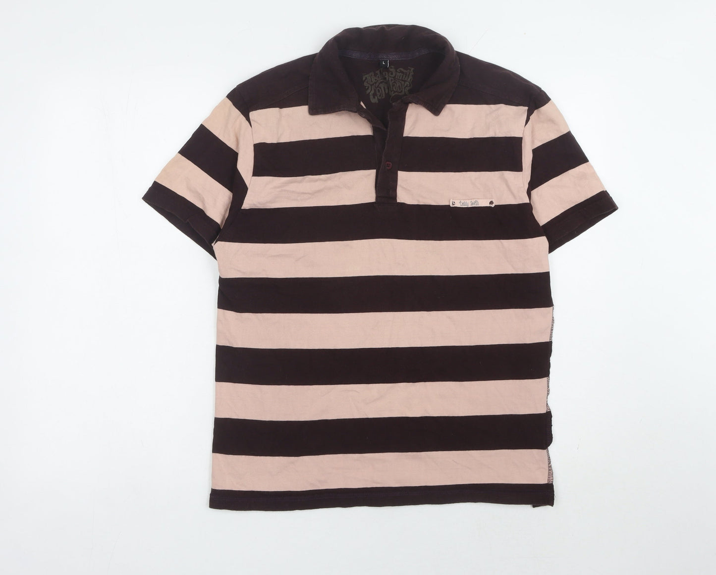 Teddy Smith Men's Beige/Black Striped Polo, L, 100% Cotton