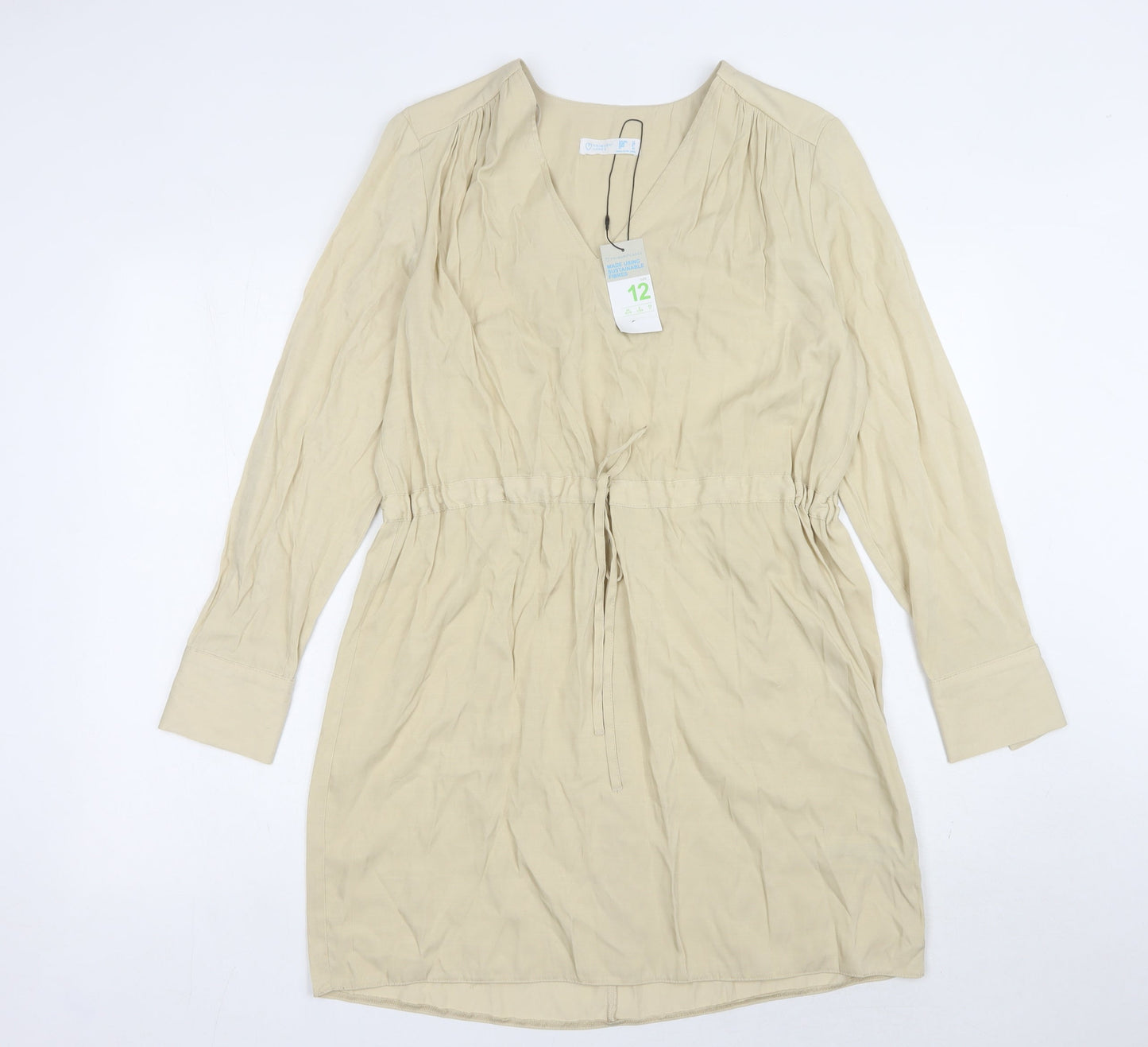 Primark Beige Women's V-Neck Long Sleeve Dress