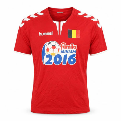 Front view of Hummel boys’ red football jersey, size 16, short sleeve