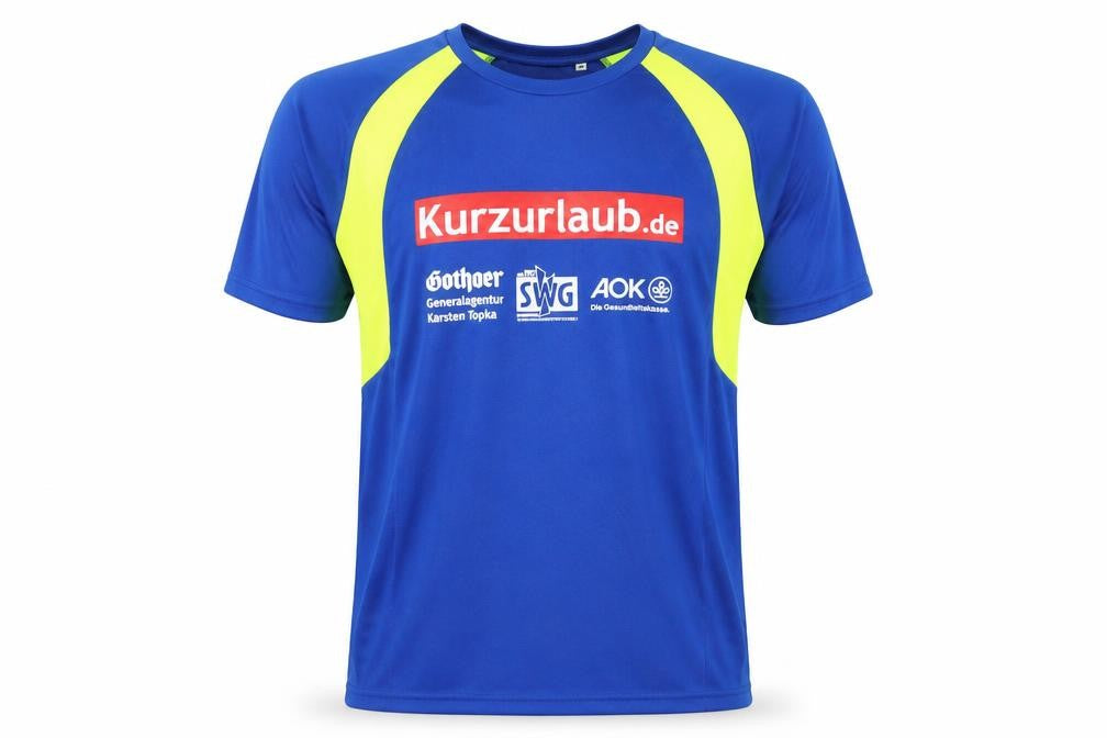 Front view of NATH Men's Blue Graphic Running T-Shirt, size M