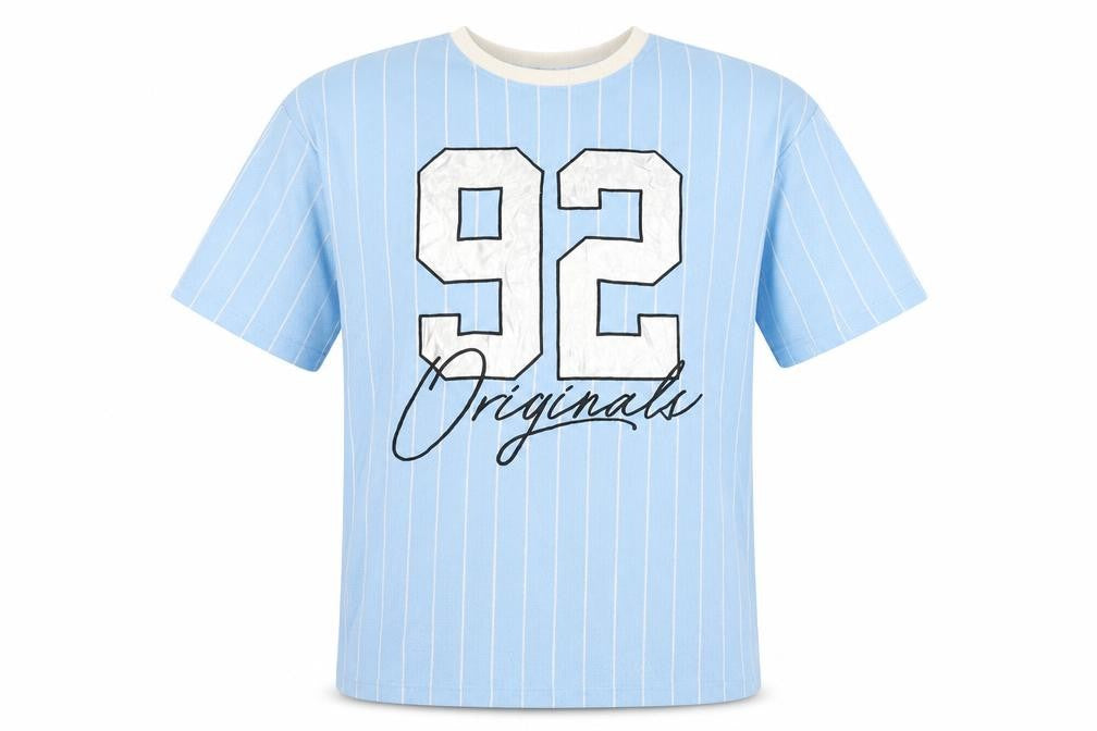 Front view of FB Sister Blue unisex striped jersey t-shirt, s