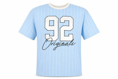 Front view of FB Sister Blue unisex striped jersey t-shirt, s
