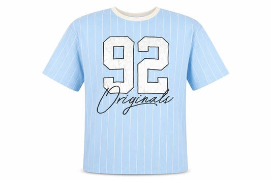 Front view of FB Sister Blue unisex striped jersey t-shirt, s