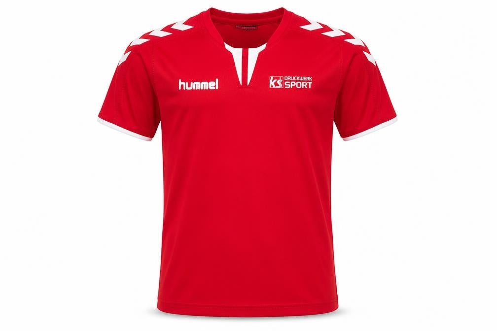 Front view of Hummel boys’ red jersey t-shirt, size 12-13, years
