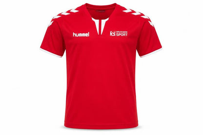 Front view of Hummel boys’ red jersey t-shirt, size 12-13, years