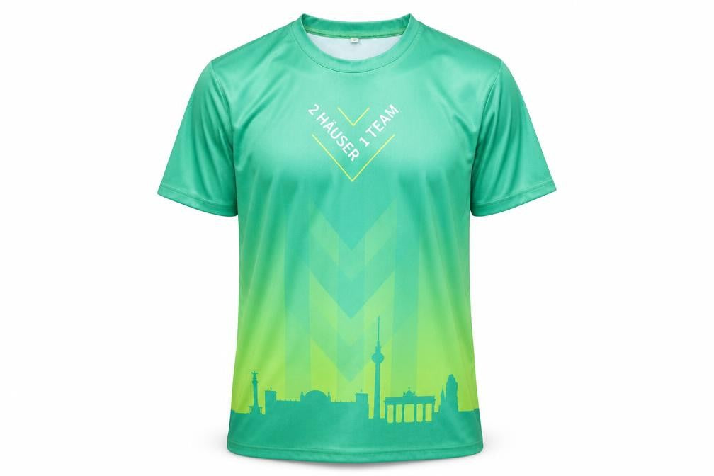 Front view of Berlin unisex green graphic print jersey t-shirt m