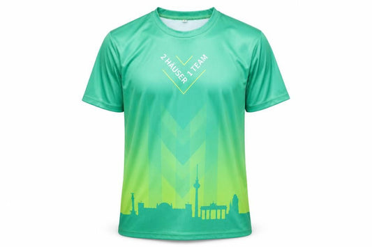 Front view of Berlin unisex green graphic print jersey t-shirt m