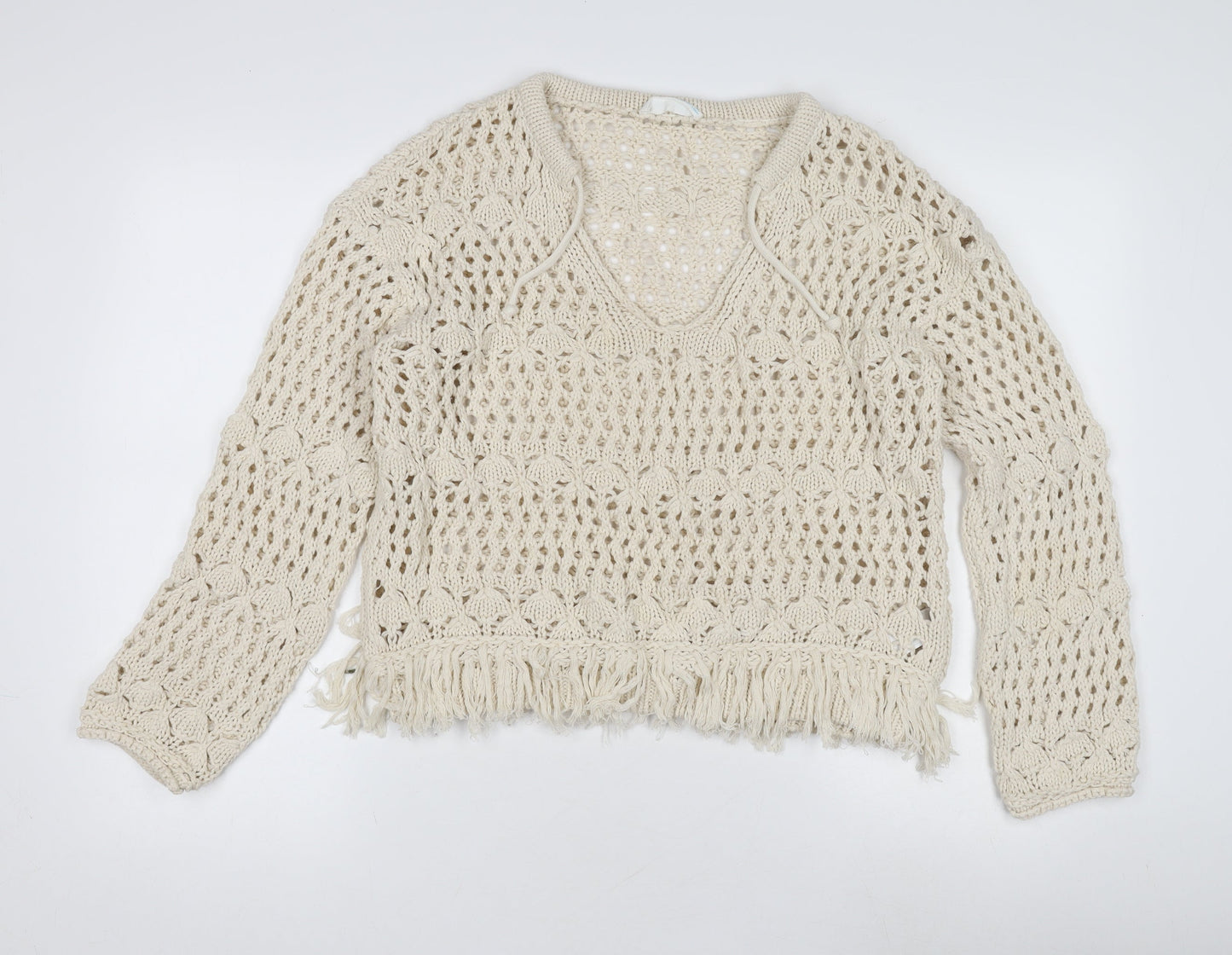 Primark Women's Beige Crochet Pullover Jumper 2XS