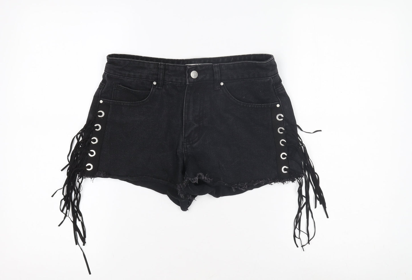 Denim Co Women's Black Hot Pants - Size 8, Fringe Detail