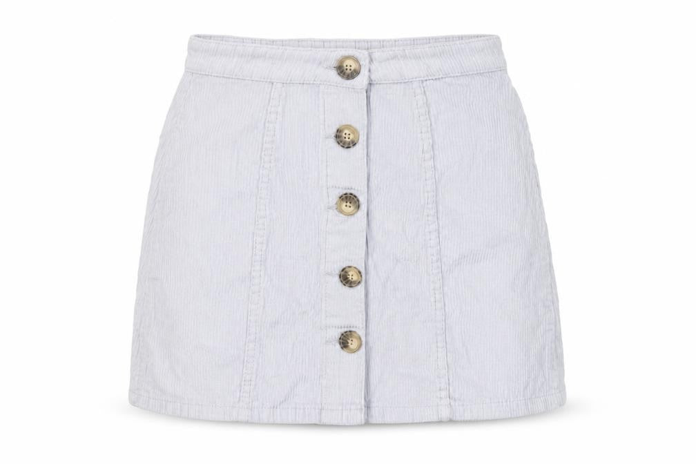 Front view of Denim Co. Women's Grey Skirt, size 6, with Button Accents