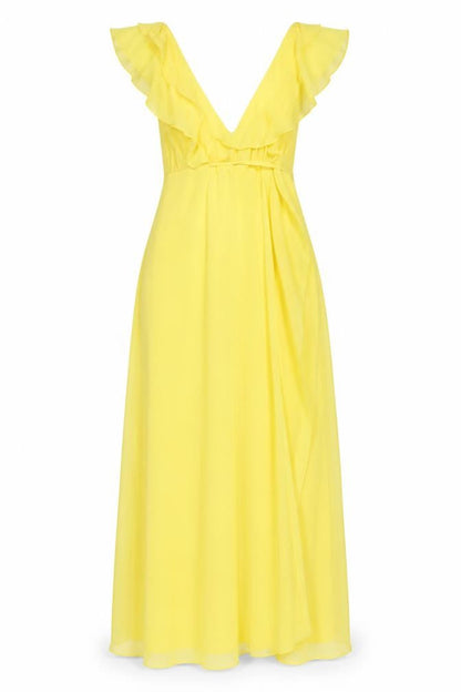 Front view of Boohoo Yellow Off Shoulder Maxi Dress, size 8, Chiffon
