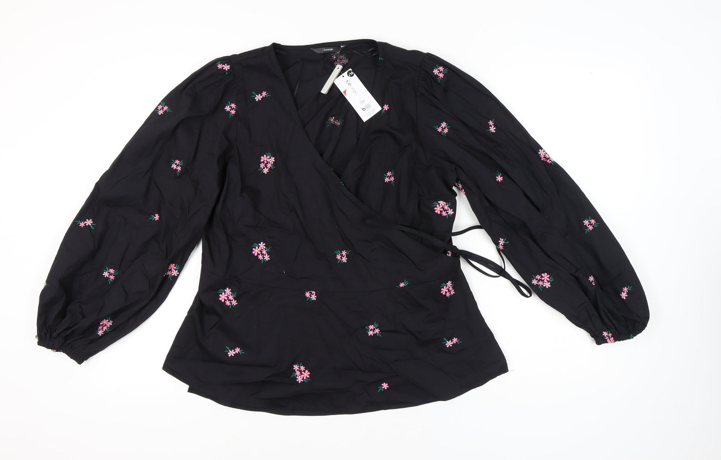 George Women's Black Wrap Blouse, Size 10, Floral Embroidery