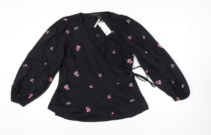 George Women's Black Wrap Blouse, Size 10, Floral Embroidery