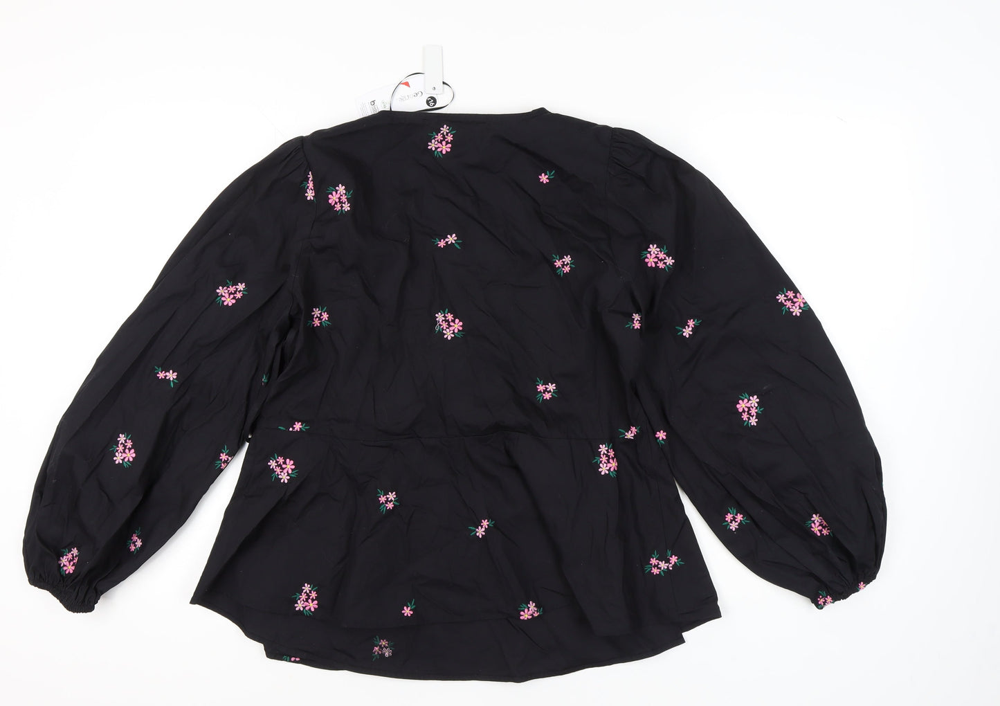 George Women's Black Wrap Blouse, Size 10, Floral Embroidery